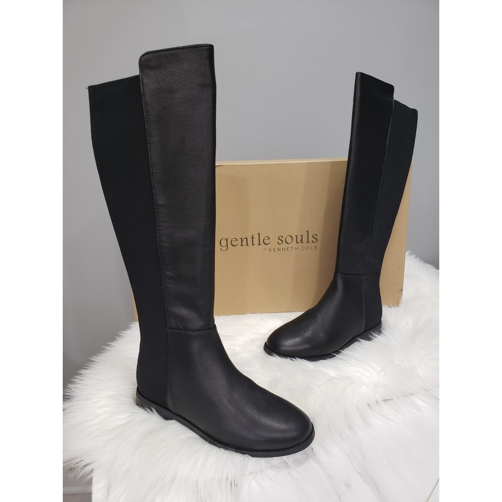 NEW Kenneth Cole Gentle Souls Women Black Leathe Tall Boots Stretch Emma Size‎ 7